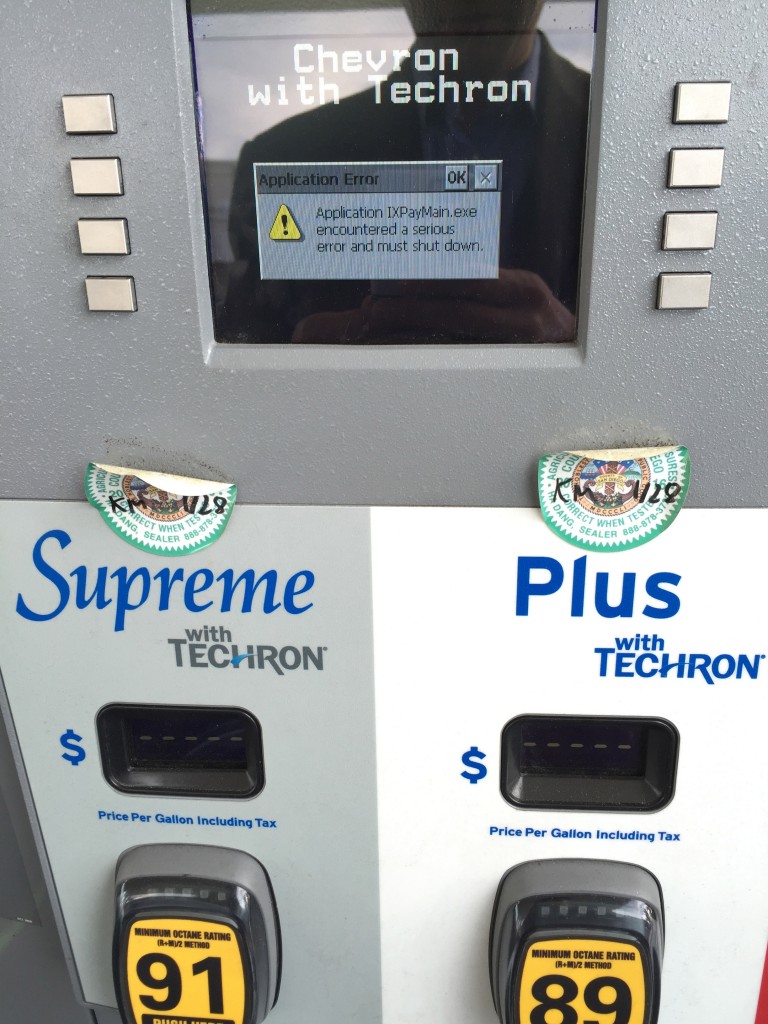I found this gas pump had crashed, and was unable to pay at the pump.  Imagine if a virus knocked out every gas pump simultaneously in the nation, or if a chorus of infected gas pumps began to unwittingly mount DDoS attacks on critical infrastructure.